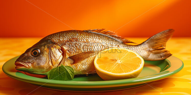 A grilled fish in a plate on a yellow background - Starpik Stock