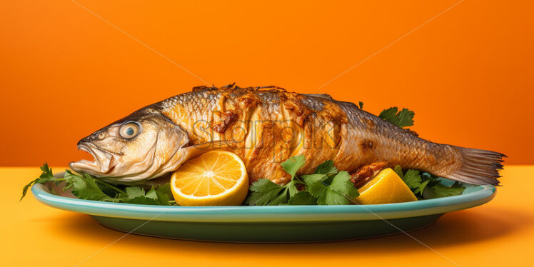 A grilled fish in a plate on a yellow background - Starpik Stock