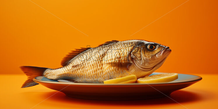 A grilled fish in a plate on a yellow background - Starpik Stock