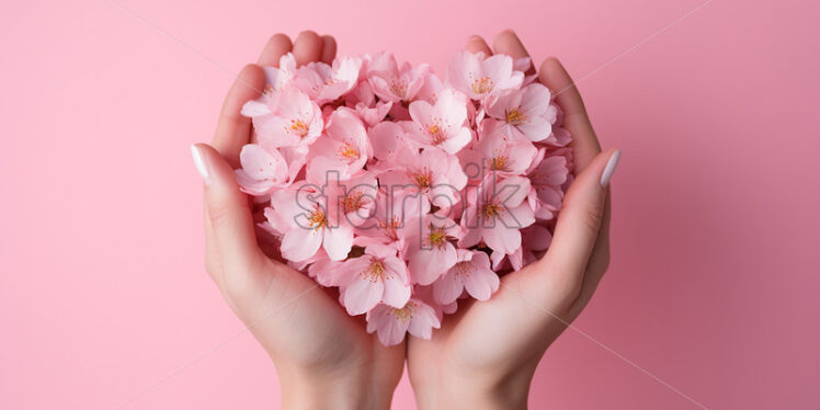 A hand holding heart-shaped flowers on a pastel background - Starpik Stock