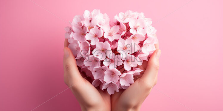 A hand holding heart-shaped flowers on a pastel background - Starpik Stock