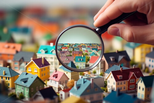 A hand holds a magnifying glass that magnifies a background full of models of small houses. - Starpik Stock