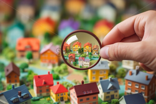 A hand holds a magnifying glass that magnifies a background full of models of small houses. - Starpik Stock