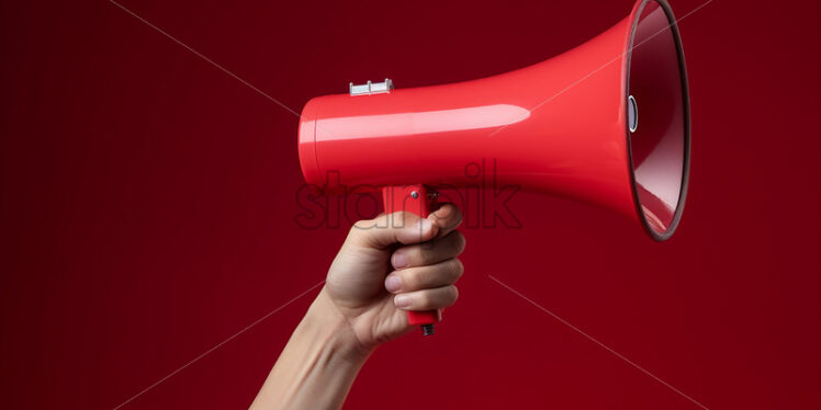 A hand holds a red megaphone on a red background - Starpik Stock