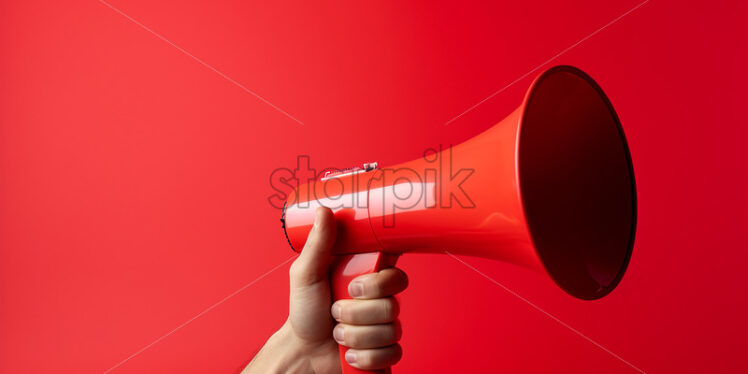 A hand holds a red megaphone on a red background - Starpik Stock