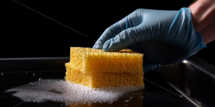 A hand wiping a surface with a sponge, black background - Starpik Stock