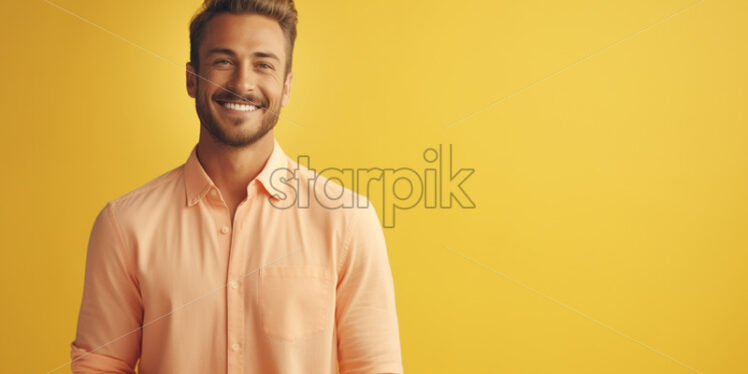 A happy man in colorful clothes on a pastel background - Starpik Stock