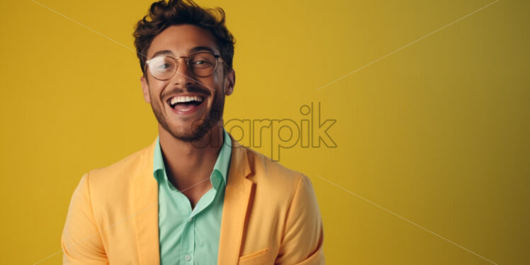 A happy man in colorful clothes on a pastel background - Starpik Stock