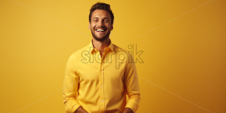 A happy man in colorful clothes on a pastel background - Starpik Stock