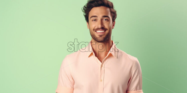 A happy man in colorful clothes on a pastel background - Starpik Stock