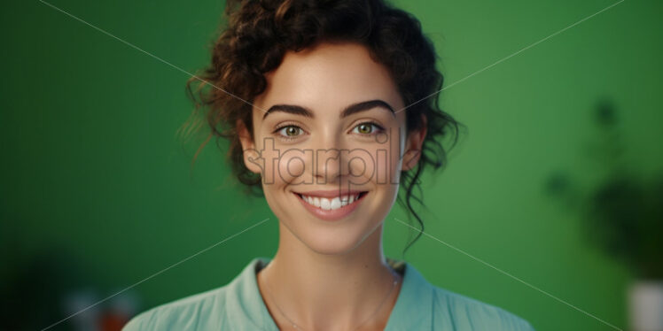 A happy smiling woman on a green background - Starpik Stock