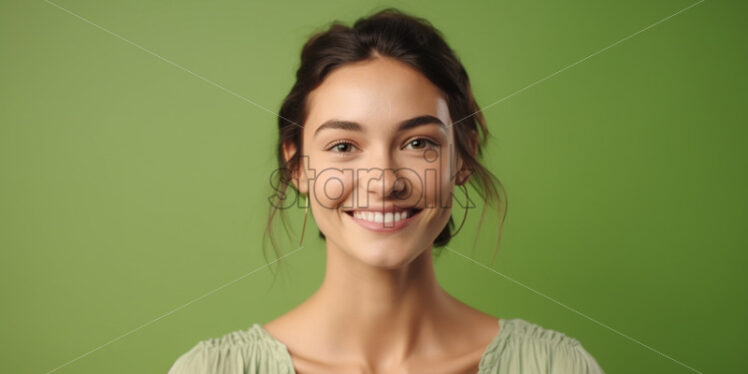 A happy smiling woman on a green background - Starpik Stock