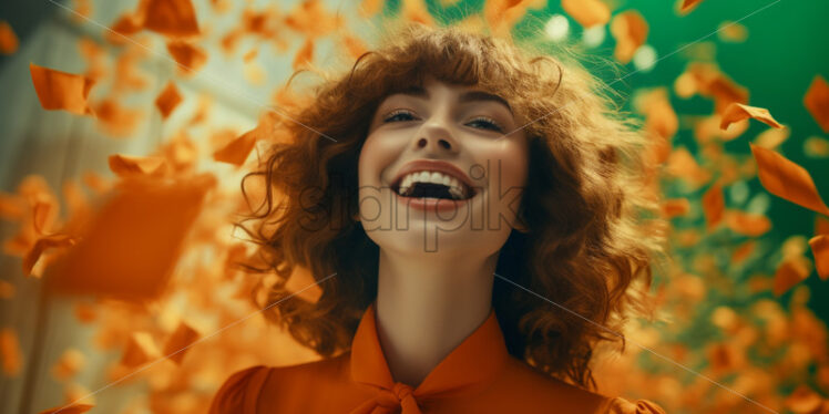 A happy woman dressed in orange on a green background - Starpik Stock