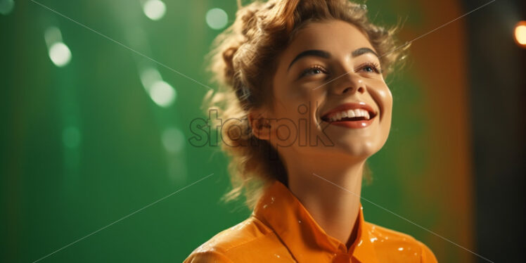 A happy woman dressed in orange on a green background - Starpik Stock