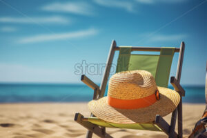 A hat sits on a chair on the beach of a resort - Starpik Stock