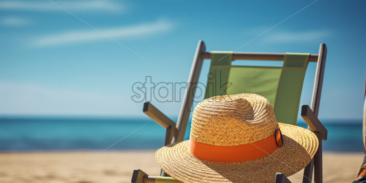 A hat sits on a chair on the beach of a resort - Starpik Stock