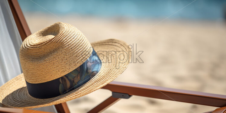 A hat sits on a chair on the beach of a resort - Starpik Stock