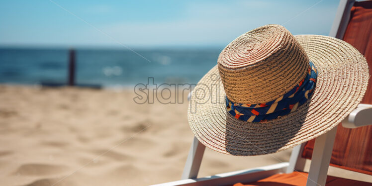 A hat sits on a chair on the beach of a resort - Starpik Stock