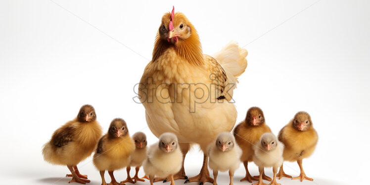 A hen with chicks on a white background - Starpik Stock