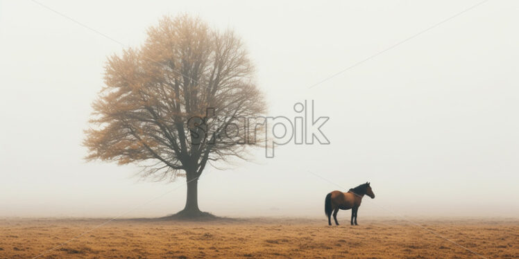 A horse near a tree on the background of a foggy landscape - Starpik Stock