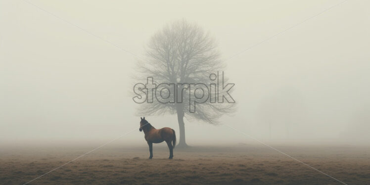 A horse near a tree on the background of a foggy landscape - Starpik Stock