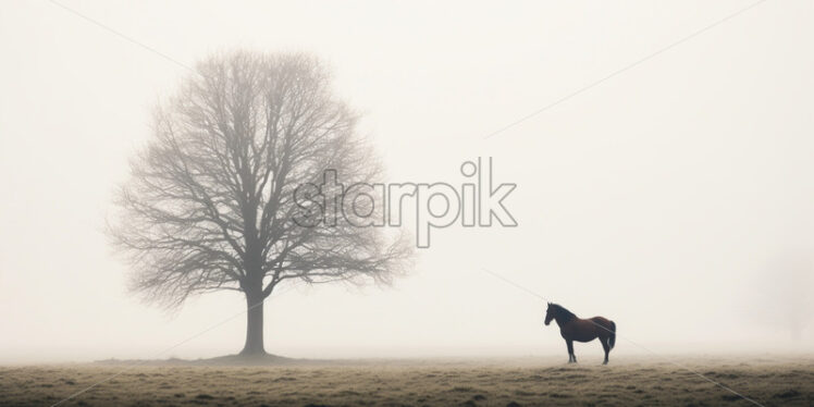 A horse near a tree on the background of a foggy landscape - Starpik Stock