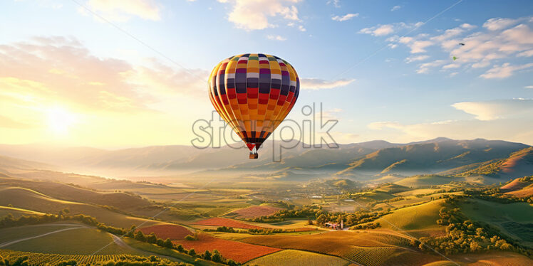 A hot air balloon flying over some plains - Starpik Stock