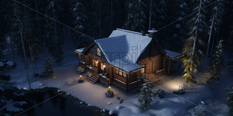 A house in the forest in winter, aerial view - Starpik Stock