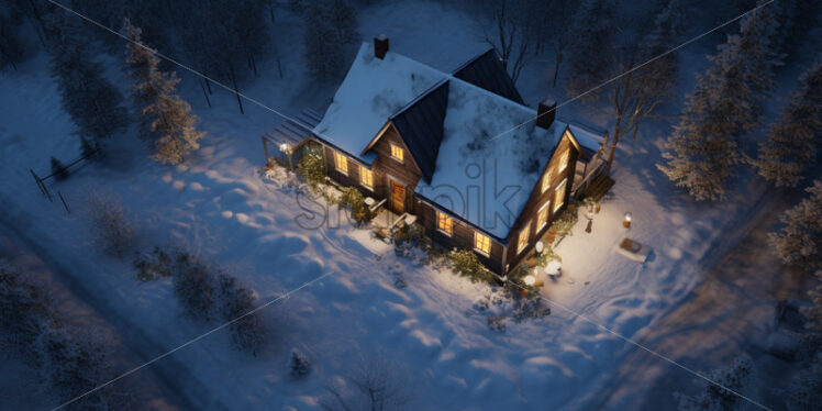 A house in the forest in winter, aerial view - Starpik Stock