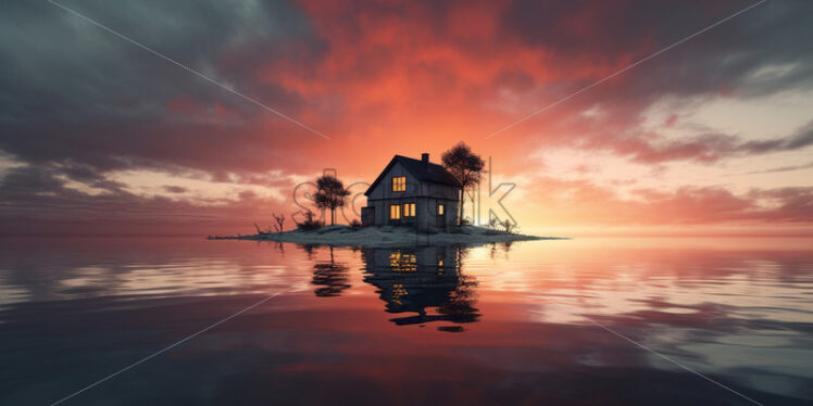 A house in the middle of a lake at sunset - Starpik Stock