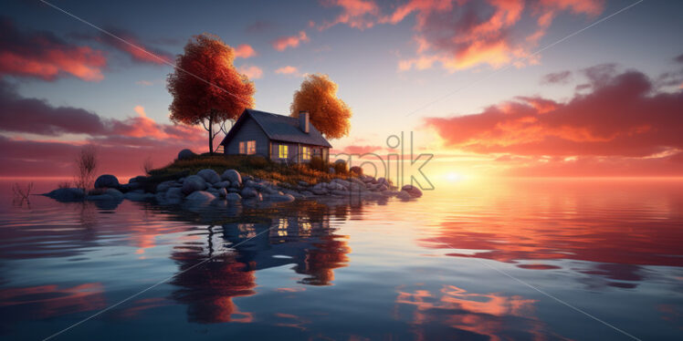 A house in the middle of a lake at sunset - Starpik Stock