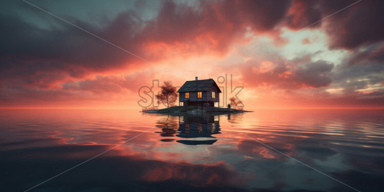 A house in the middle of a lake at sunset - Starpik Stock