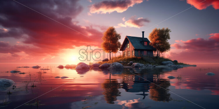 A house in the middle of a lake at sunset - Starpik Stock