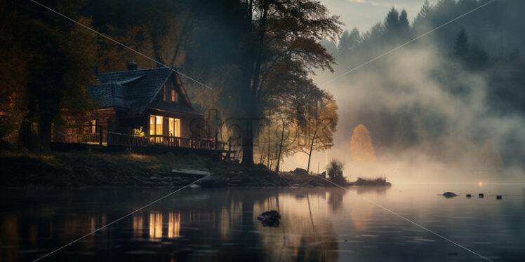 A house on the shore of a lake at sunrise - Starpik Stock