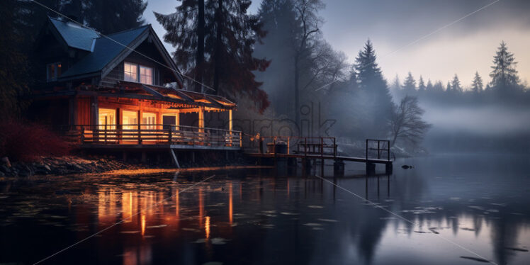 A house on the shore of a lake at sunrise - Starpik Stock