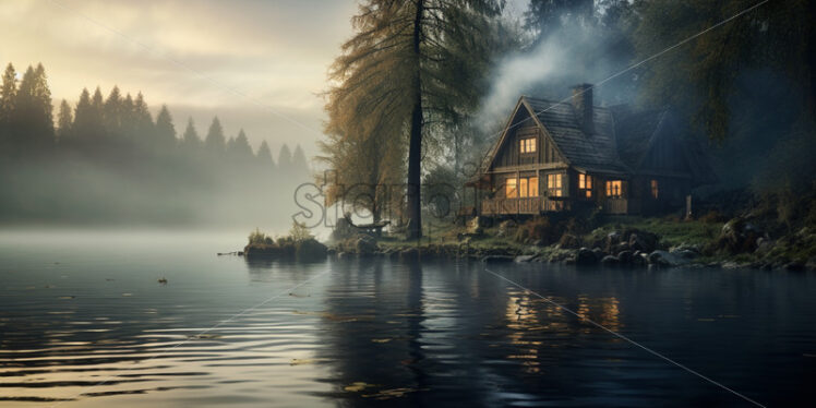 A house on the shore of a lake at sunrise - Starpik Stock