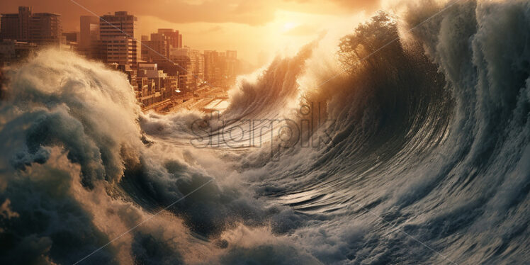 A huge wave that wants to destroy a city - Starpik Stock