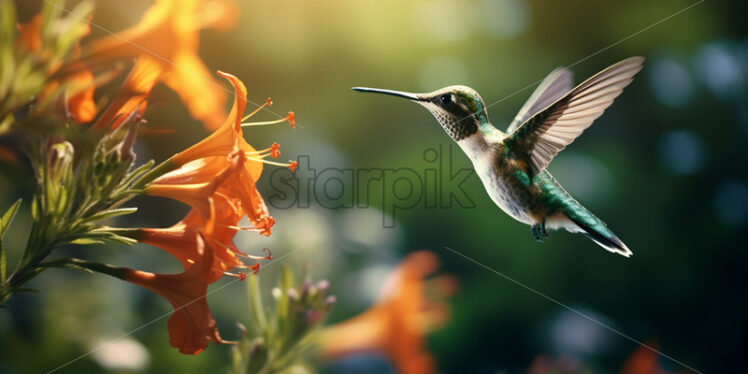 A hummingbird collects nectar from flowers - Starpik Stock