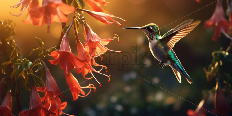 A hummingbird collects nectar from flowers - Starpik Stock