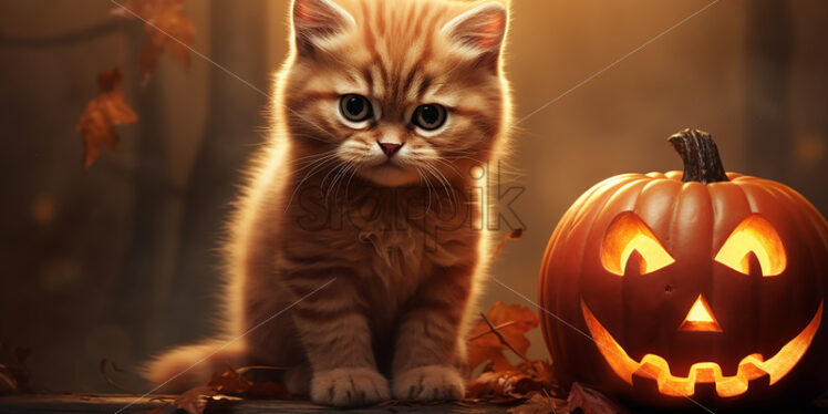 A kitten next to a pumpkin, Halloween atmosphere - Starpik Stock