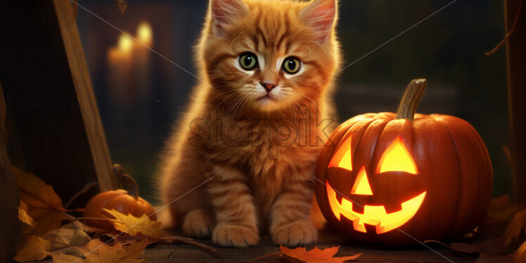 A kitten next to a pumpkin, Halloween atmosphere - Starpik Stock