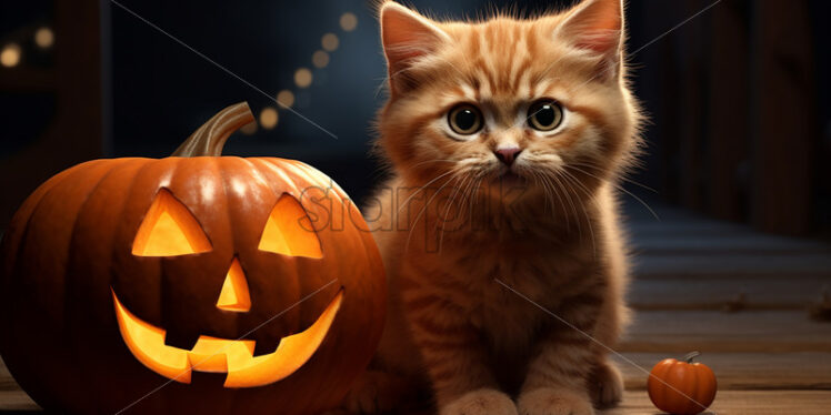 A kitten next to a pumpkin, Halloween atmosphere - Starpik Stock