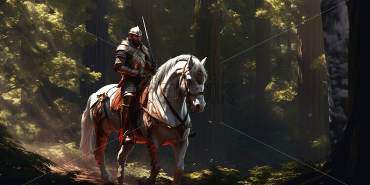 A knight in armor on a horse in a forest - Starpik Stock