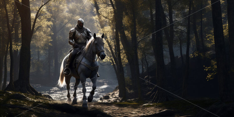 A knight in armor on a horse in a forest - Starpik Stock