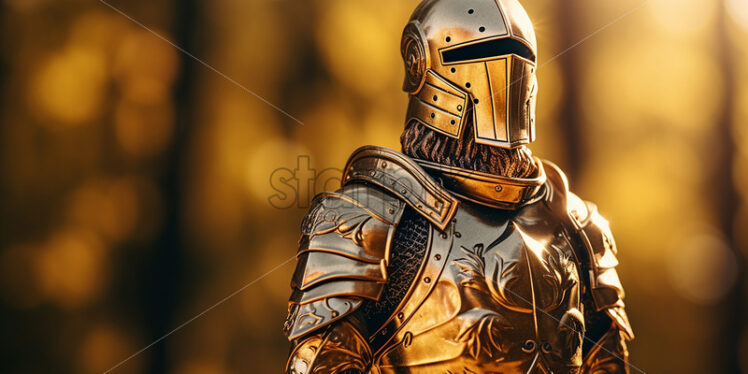 A knight in golden armor against the background of a forest - Starpik Stock