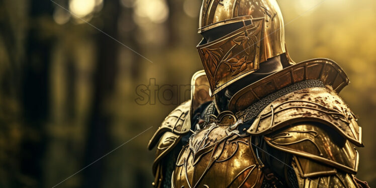 A knight in golden armor against the background of a forest - Starpik Stock