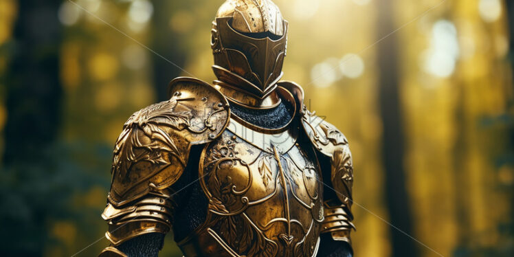 A knight in golden armor against the background of a forest - Starpik Stock