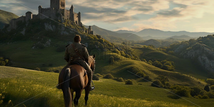 A knight on horseback riding across a field towards a castle - Starpik Stock