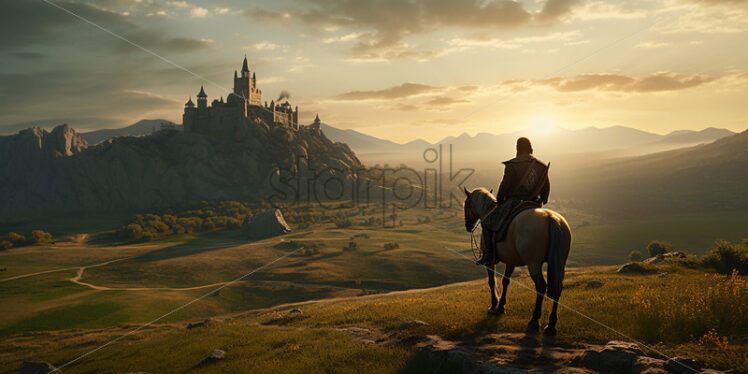 A knight on horseback riding across a field towards a castle - Starpik Stock