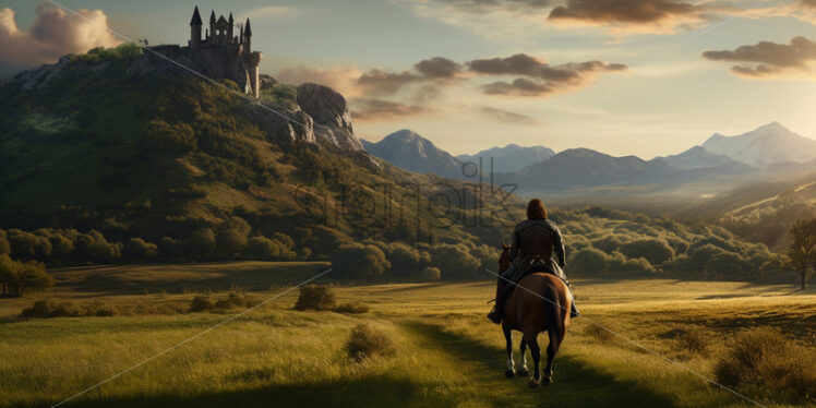 A knight on horseback riding across a field towards a castle - Starpik Stock